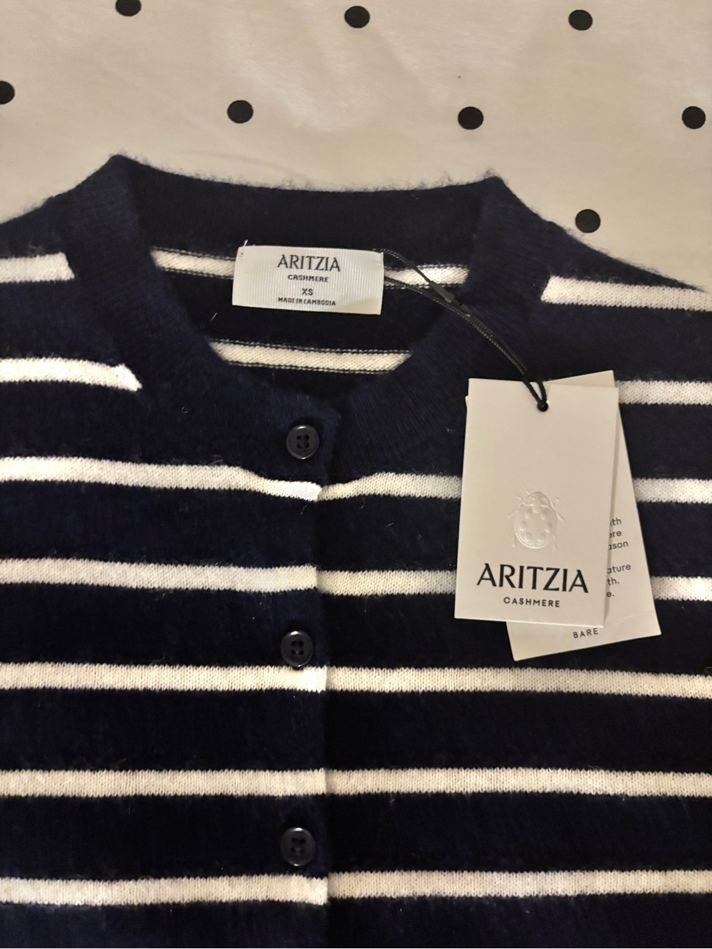 NWT Aritzia Bare Cashmere Noteworthy Cardigan 100% Cashmere Blue White Stripes